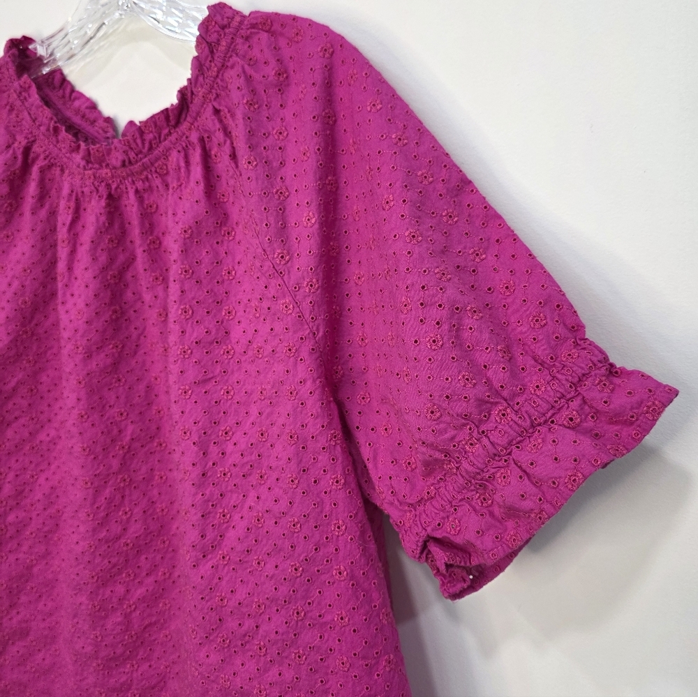 LOFT Raspberry Eyelet Ruffle Top Blouse Women's Large Pink Cotton Short Sleeve - Picture 3 of 5
